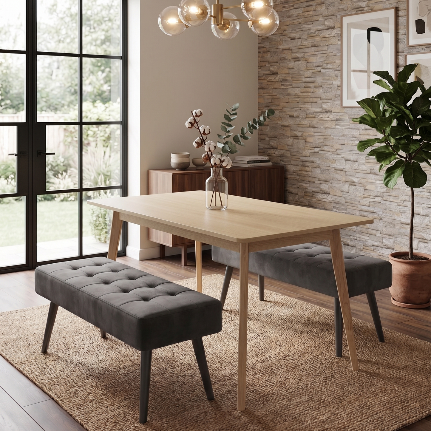 DOUBS Dining Table Set with 2 Grey Velvet Benches Oak Effect Table 3-Piece Set