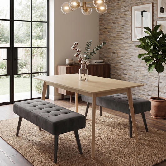 DOUBS Dining Table Set with 2 Grey Velvet Benches Oak Effect Table 3-Piece Set
