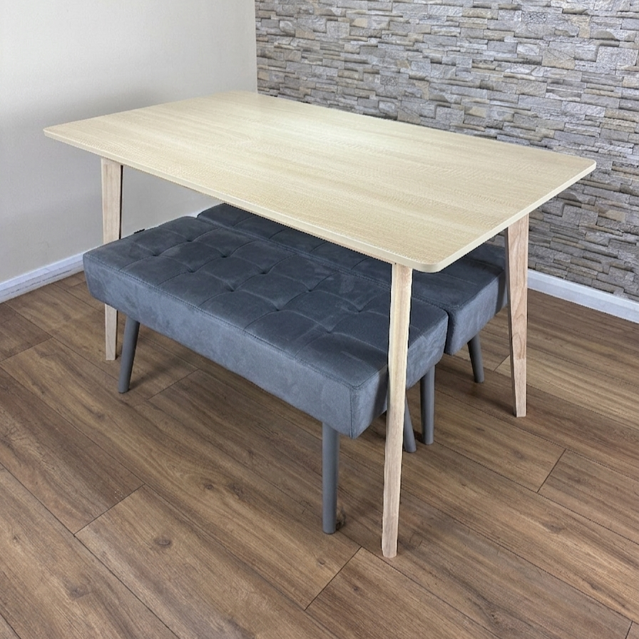 DOUBS Dining Table Set with 2 Grey Velvet Benches Oak Effect Table 3-Piece Set