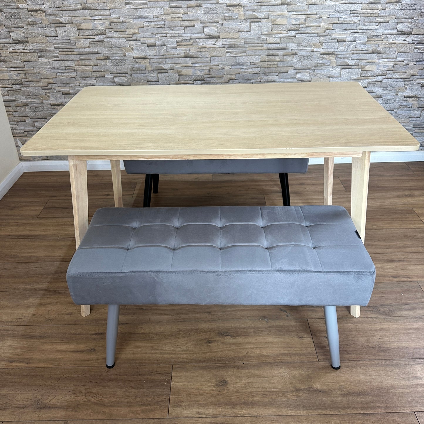 DOUBS Dining Table Set with 2 Grey Velvet Benches Oak Effect Table 3-Piece Set