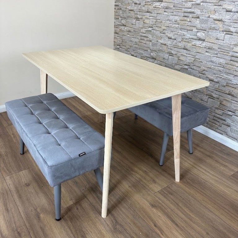 DOUBS Dining Table Set with 2 Grey Velvet Benches Oak Effect Table 3-Piece Set