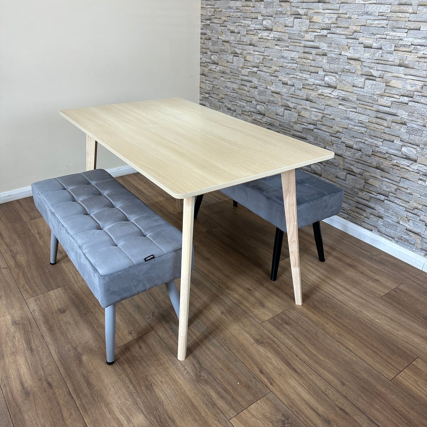 DOUBS Dining Table Set with 2 Grey Velvet Benches Oak Effect Table 3-Piece Set