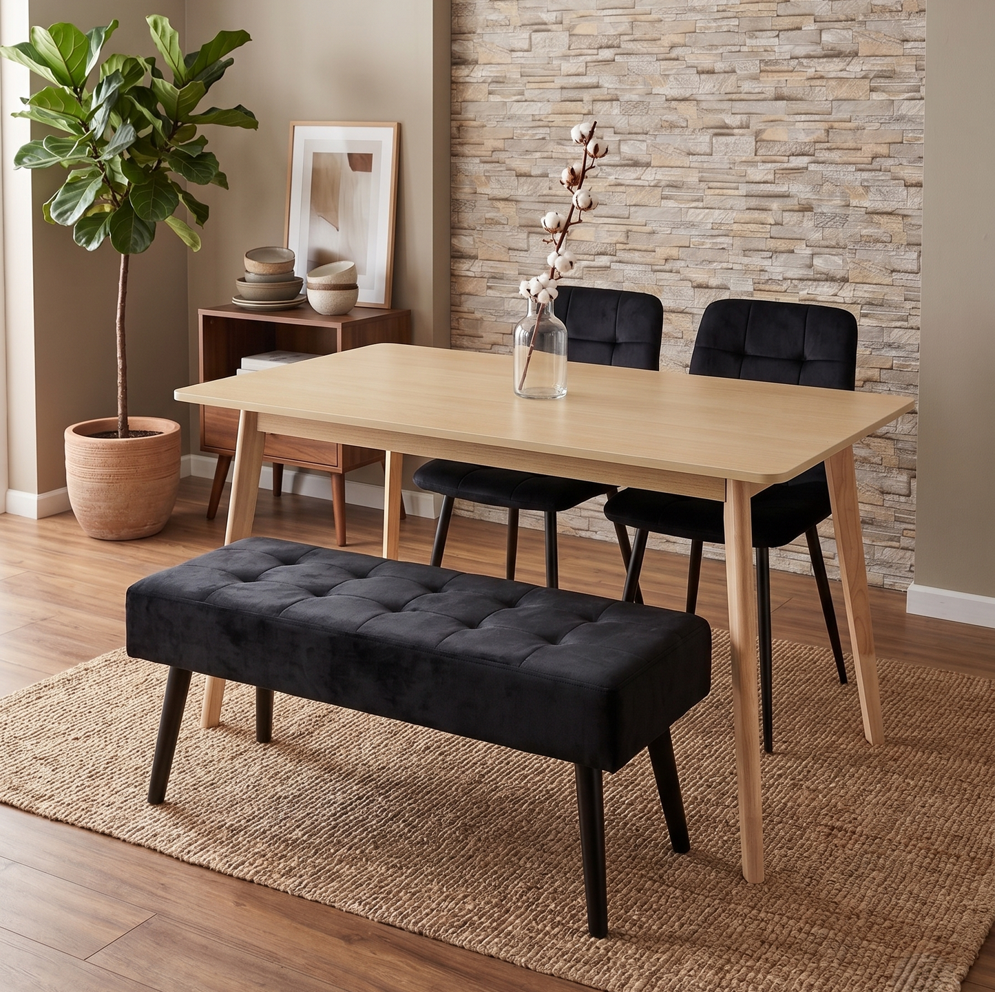 DOUBS Dining Table Set with 2 Black Velvet Chairs and Bench, Oak Effect Table with Matching Black Velvet Seating