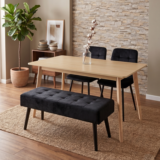 DOUBS Dining Table Set with 2 Black Velvet Chairs and Bench, Oak Effect Table with Matching Black Velvet Seating