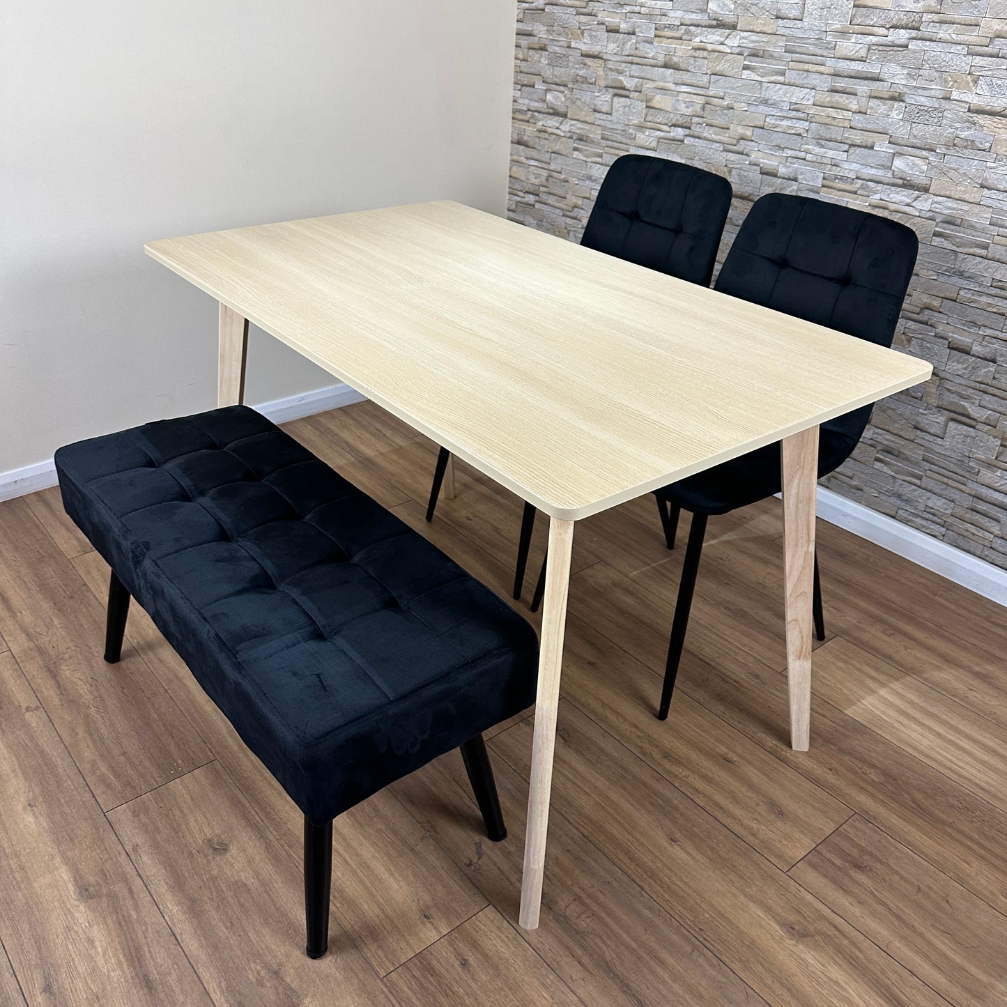 DOUBS Dining Table Set with 2 Black Velvet Chairs and Bench, Oak Effect Table with Matching Black Velvet Seating
