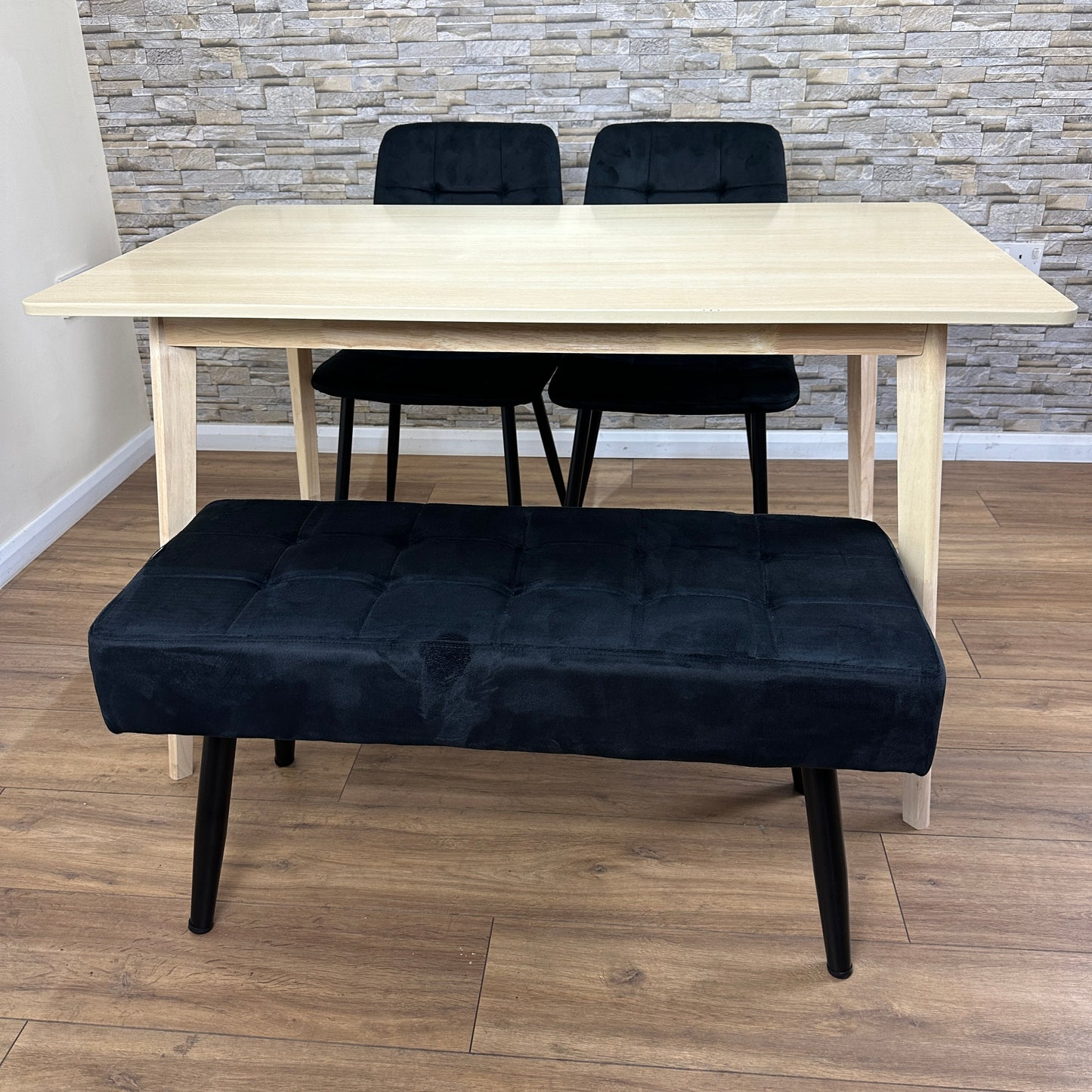 DOUBS Dining Table Set with 2 Black Velvet Chairs and Bench, Oak Effect Table with Matching Black Velvet Seating