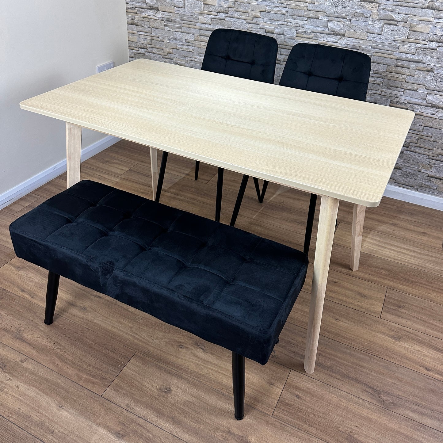 DOUBS Dining Table Set with 2 Black Velvet Chairs and Bench, Oak Effect Table with Matching Black Velvet Seating