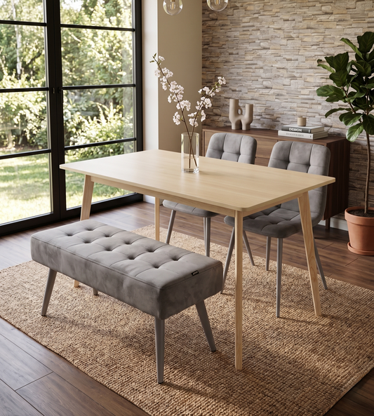 DOUBS Dining Table Set with 2 Grey Velvet Chairs and Bench, Oak Effect Table with Matching Grey Velvet Seating