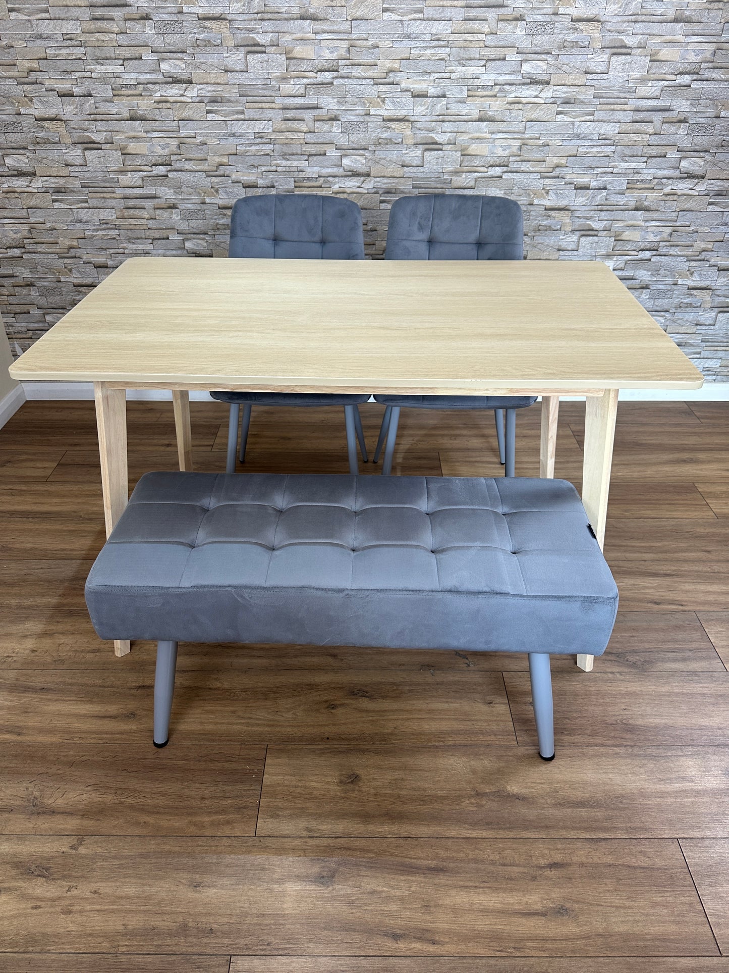 DOUBS Dining Table Set with 2 Grey Velvet Chairs and Bench, Oak Effect Table with Matching Grey Velvet Seating