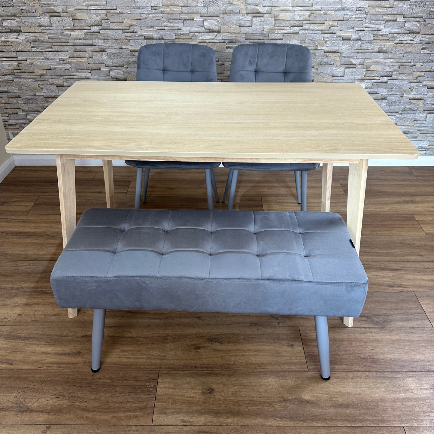 DOUBS Dining Table Set with 2 Grey Velvet Chairs and Bench, Oak Effect Table with Matching Grey Velvet Seating