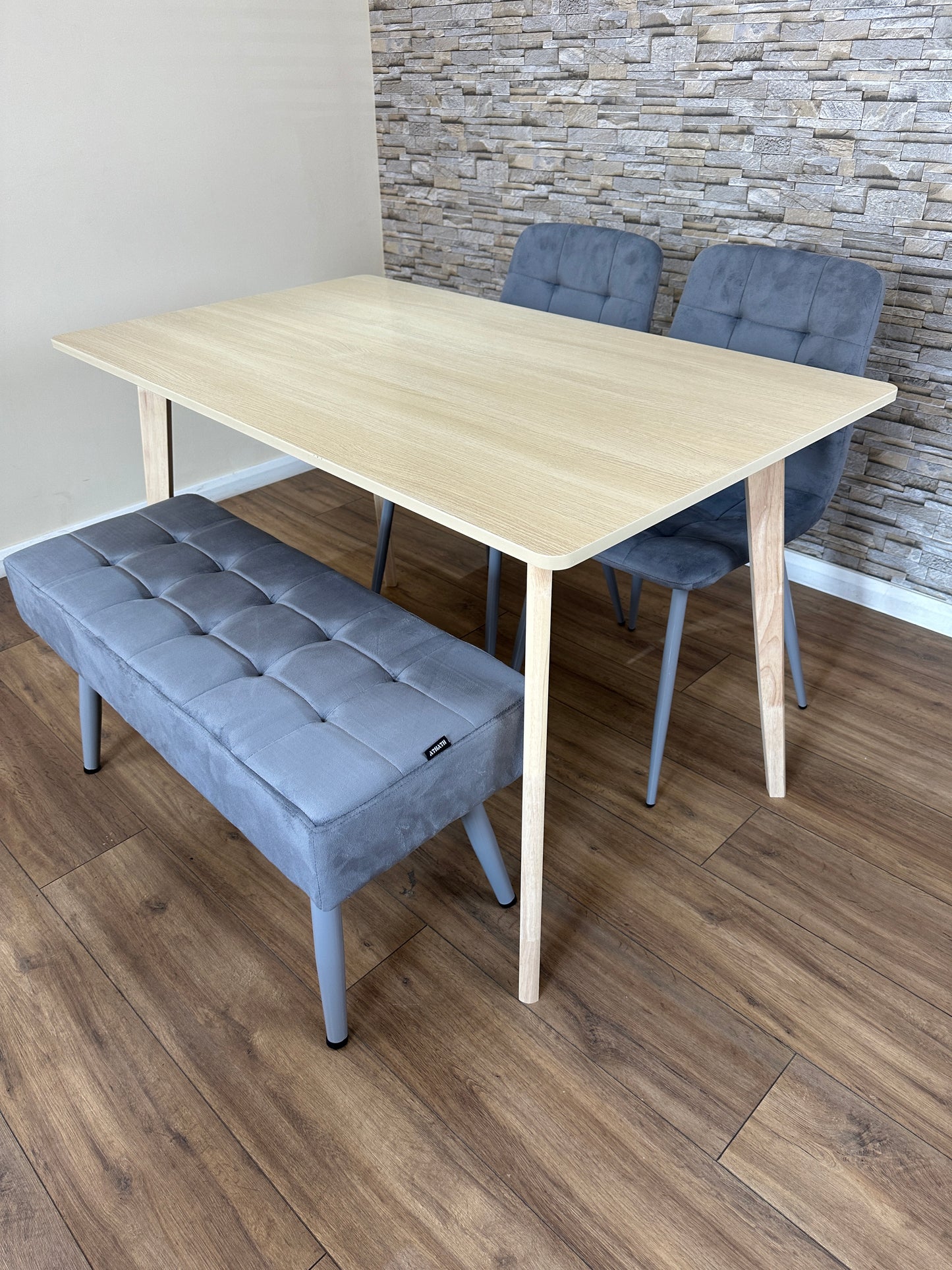 DOUBS Dining Table Set with 2 Grey Velvet Chairs and Bench, Oak Effect Table with Matching Grey Velvet Seating