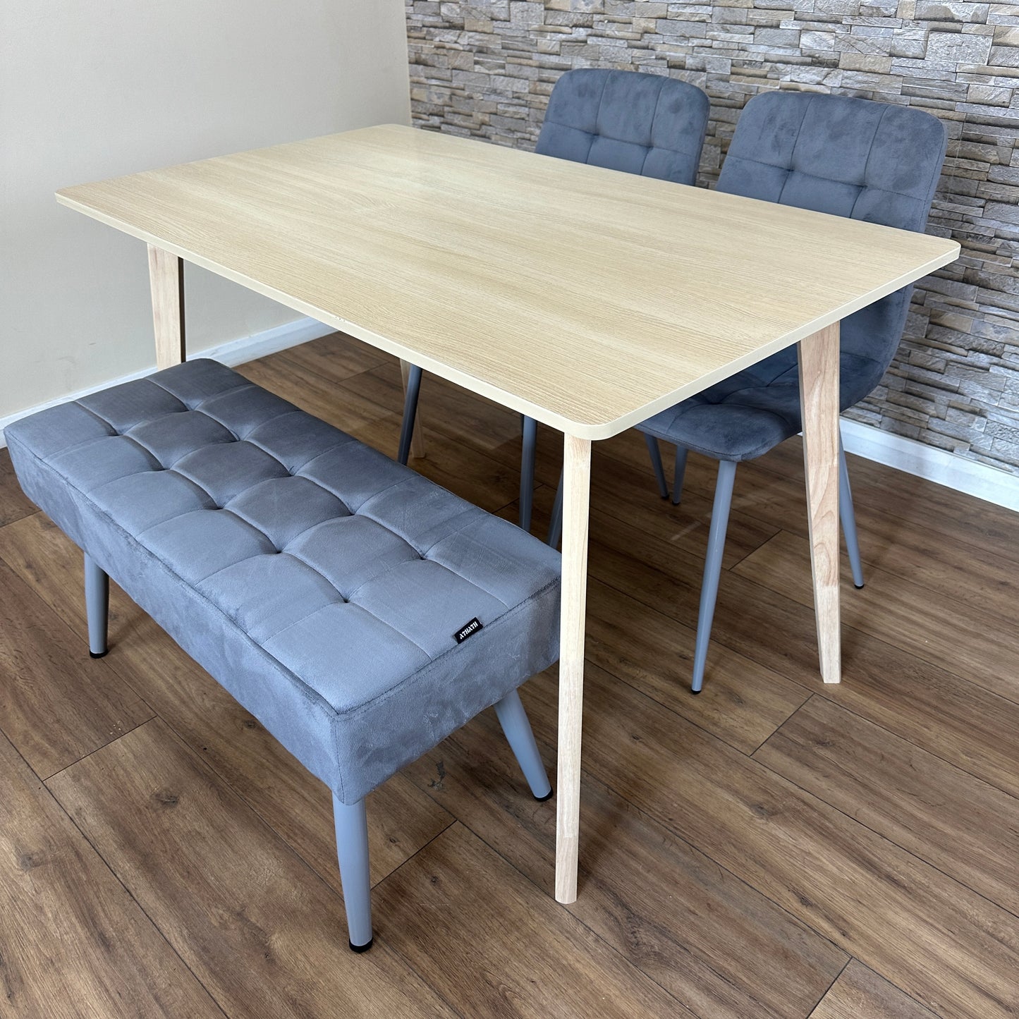 DOUBS Dining Table Set with 2 Grey Velvet Chairs and Bench, Oak Effect Table with Matching Grey Velvet Seating