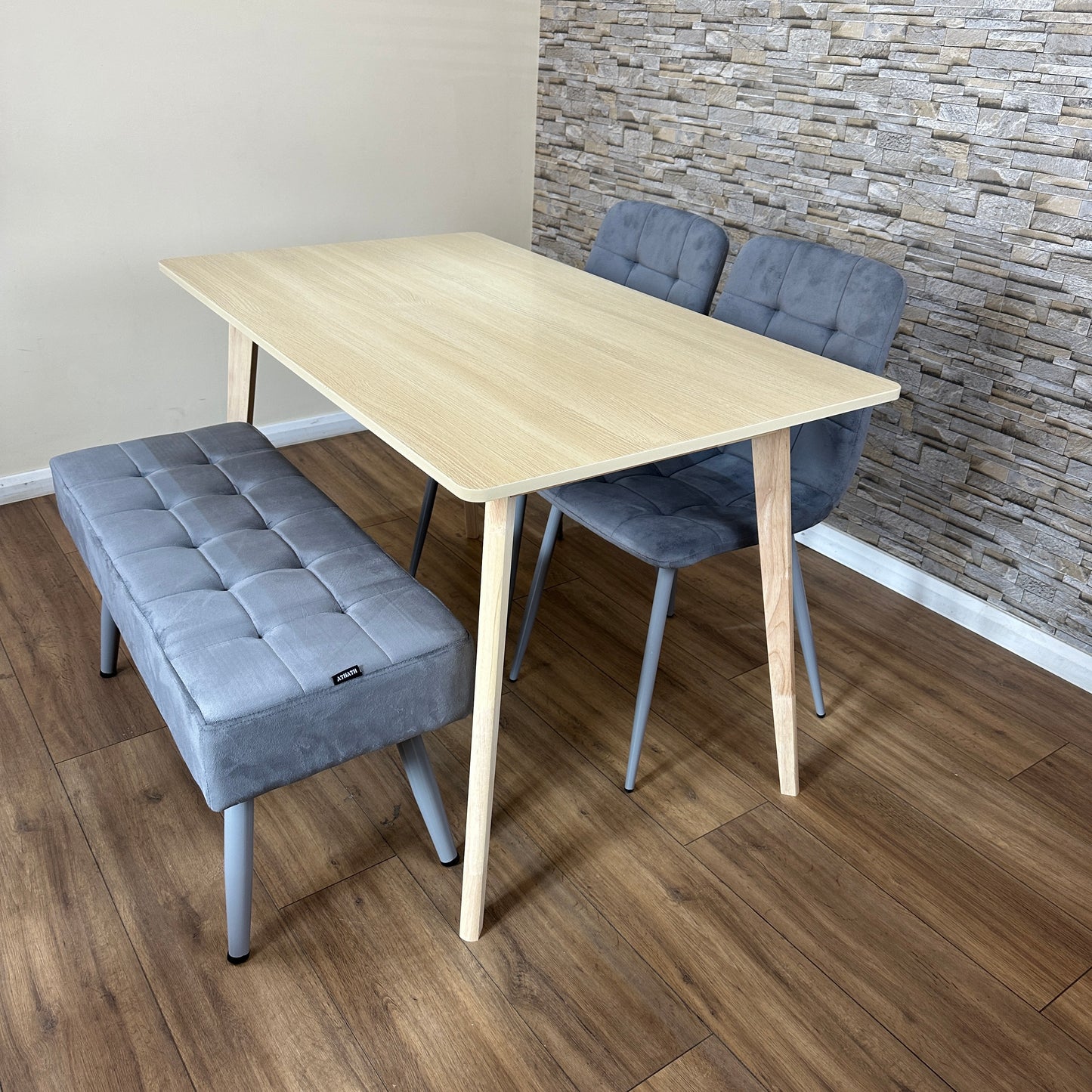 DOUBS Dining Table Set with 2 Grey Velvet Chairs and Bench, Oak Effect Table with Matching Grey Velvet Seating