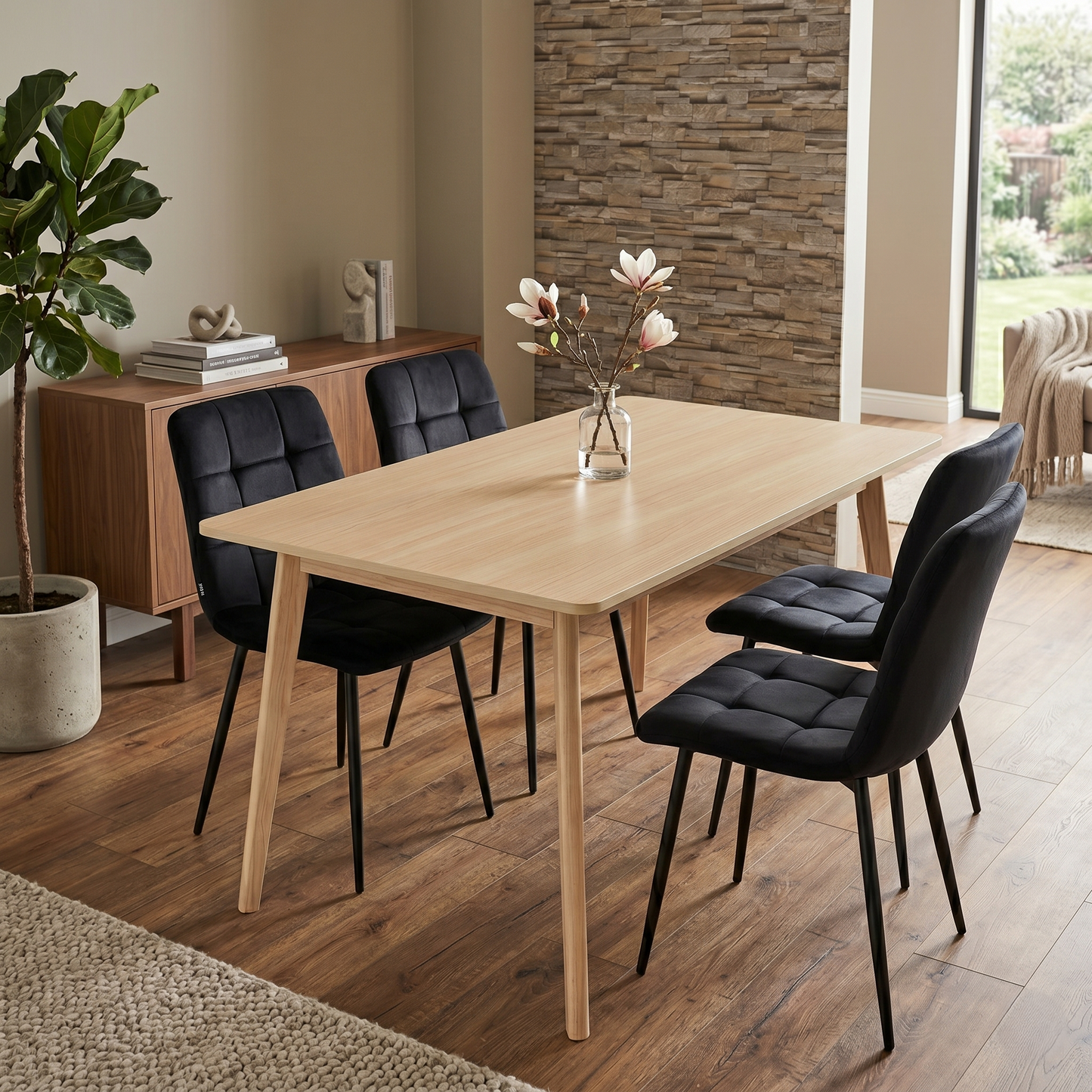 DOUBS Oak Effect Dining Table and 4 Black Velvet Chairs 5-Piece Dining Table Set
