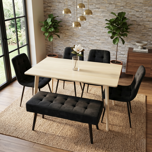 DOUBS Oak Effect Dining Table with 4 Black Velvet Chairs and 1 Bench 6-Piece Set