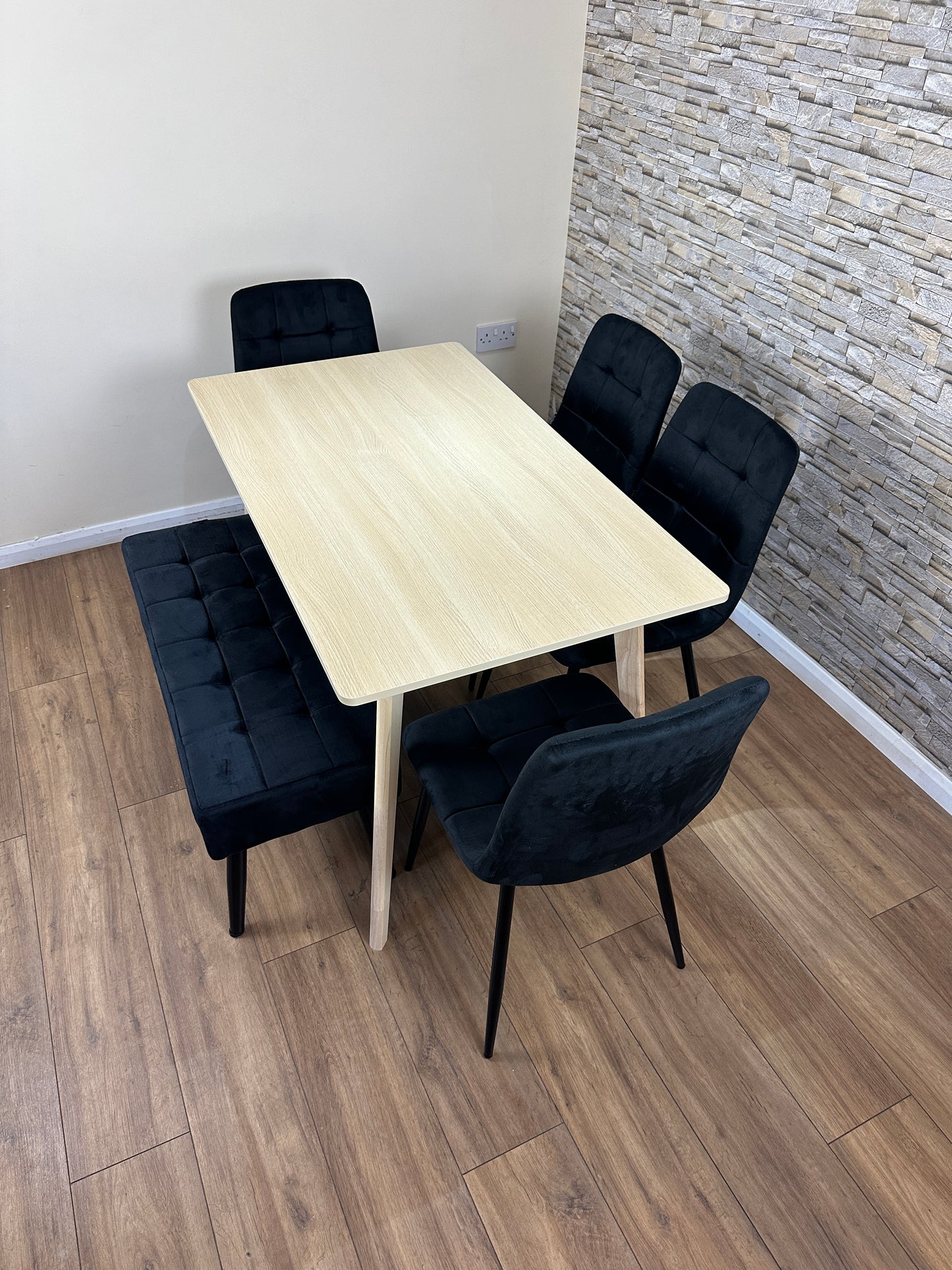 DOUBS Oak Effect Dining Table with 4 Black Velvet Chairs and 1 Bench 6-Piece Set