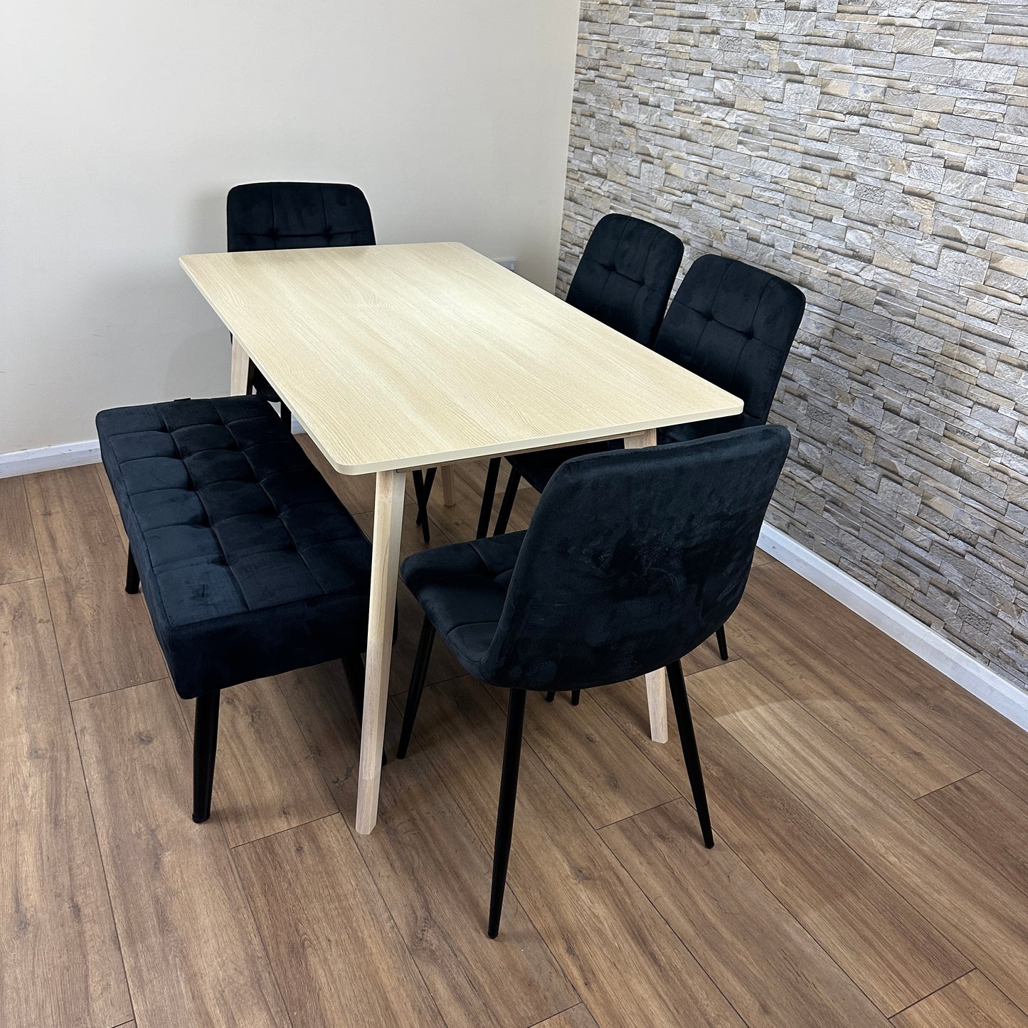 DOUBS Oak Effect Dining Table with 4 Black Velvet Chairs and 1 Bench 6-Piece Set