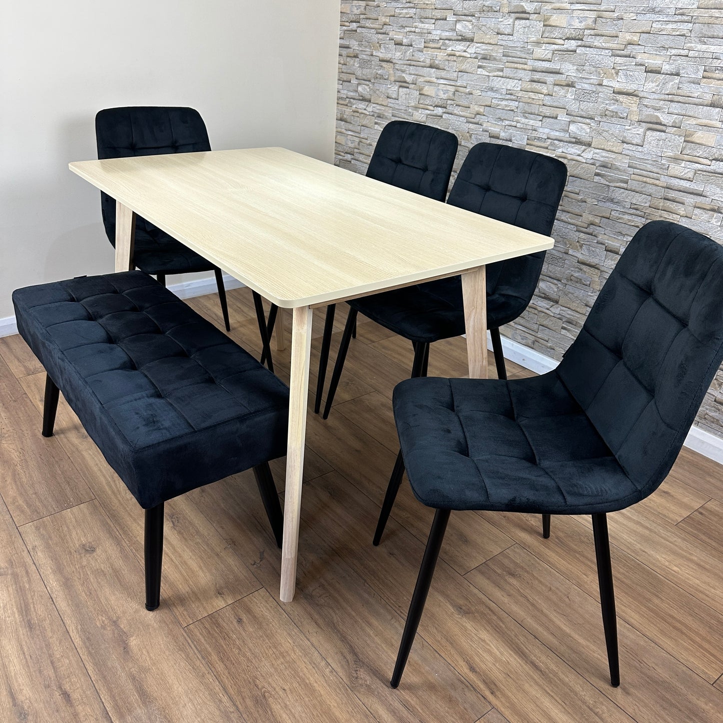DOUBS Oak Effect Dining Table with 4 Black Velvet Chairs and 1 Bench 6-Piece Set