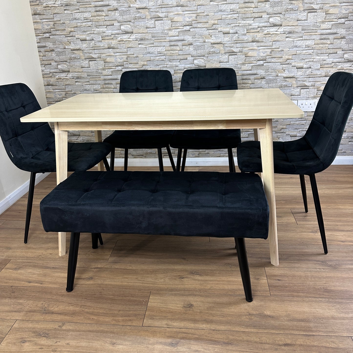 DOUBS Oak Effect Dining Table with 4 Black Velvet Chairs and 1 Bench 6-Piece Set