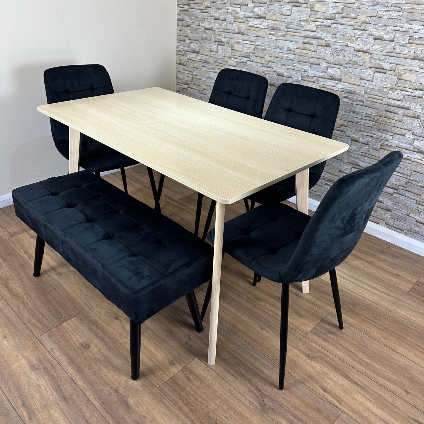 DOUBS Oak Effect Dining Table with 4 Black Velvet Chairs and 1 Bench 6-Piece Set