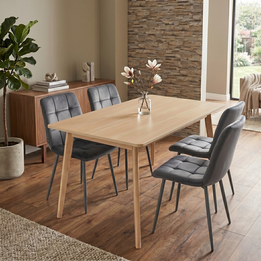 DOUBS Oak Effect Dining Table and 4 Grey Velvet Chairs 5-Piece Dining Table Set