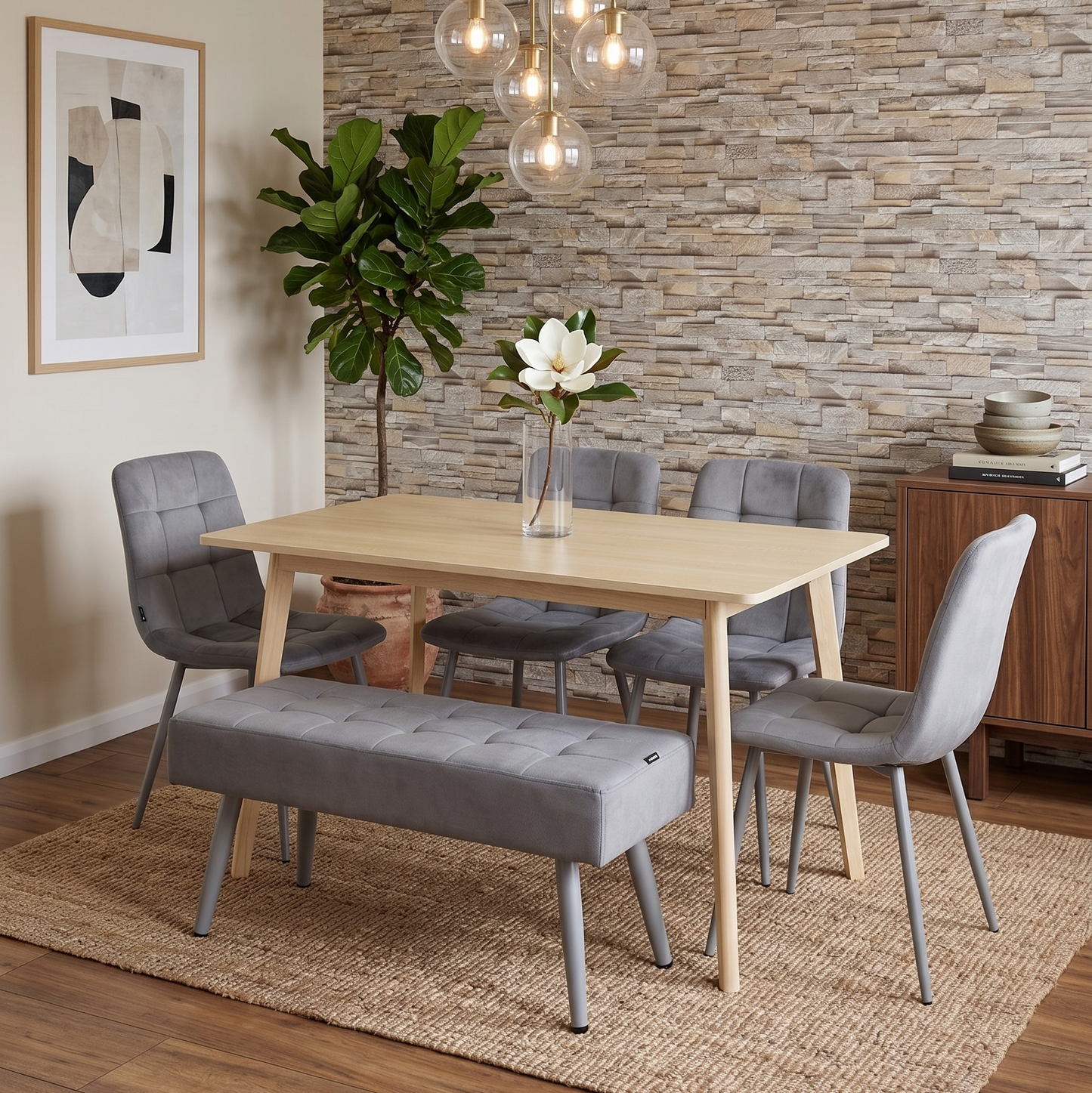 DOUBS Oak Effect Dining Table with 4 Grey Velvet Chairs and 1 Bench 6-Piece Dining Table Set