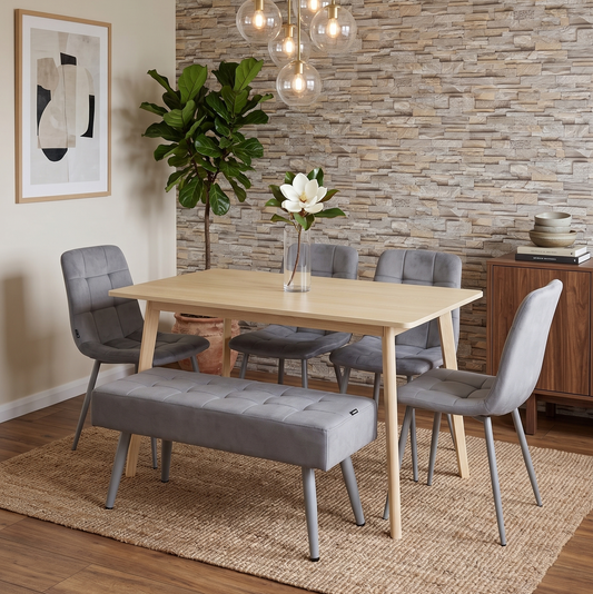 DOUBS Oak Effect Dining Table with 4 Grey Velvet Chairs and 1 Bench 6-Piece Dining Table Set