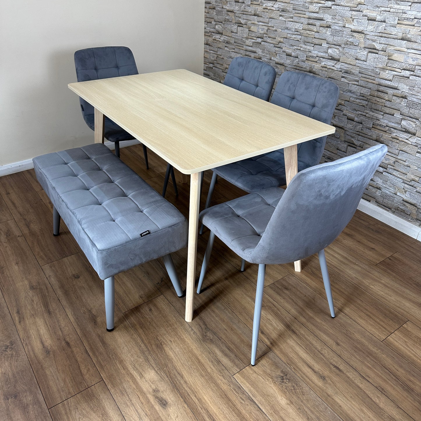 DOUBS Oak Effect Dining Table with 4 Grey Velvet Chairs and 1 Bench 6-Piece Dining Table Set