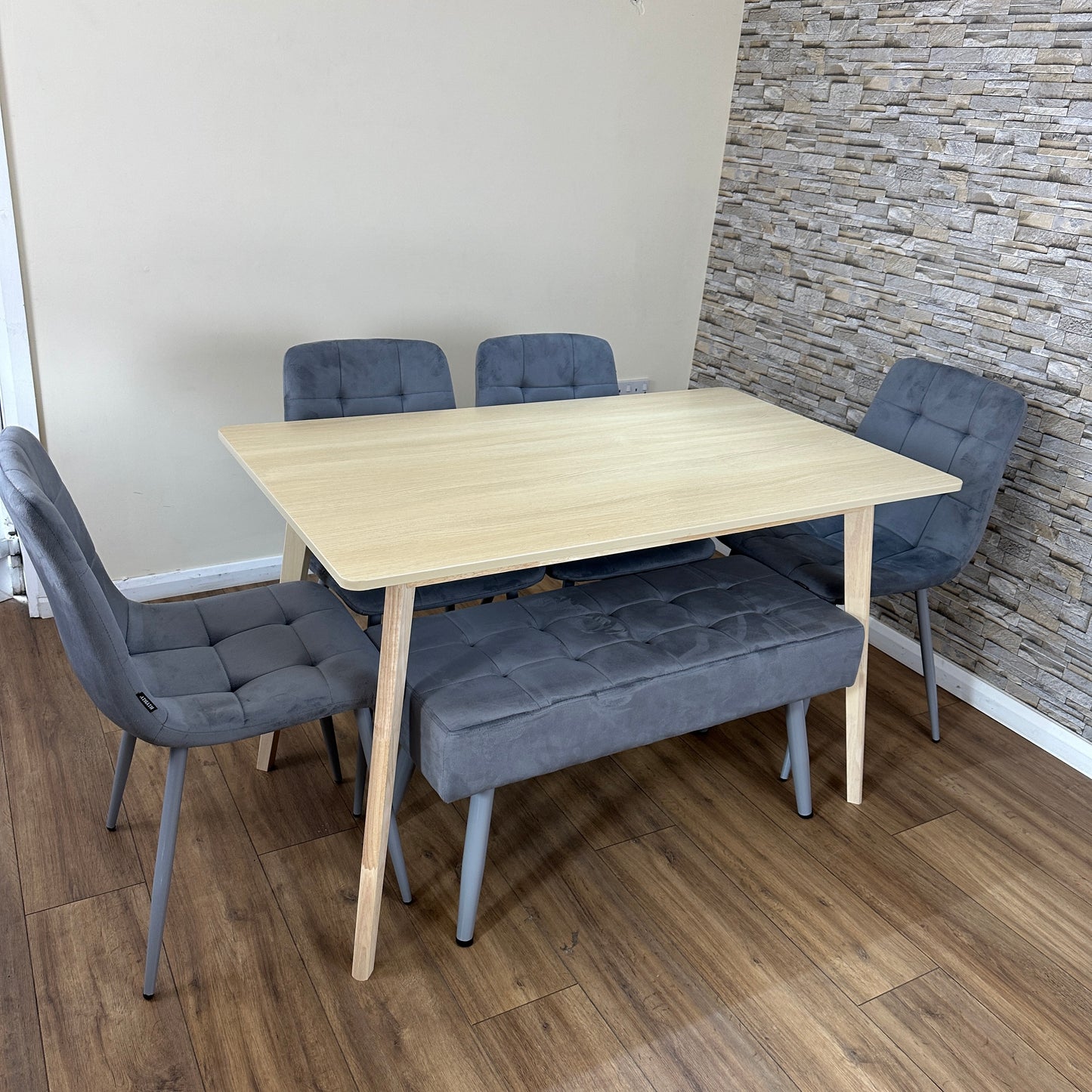 DOUBS Oak Effect Dining Table with 4 Grey Velvet Chairs and 1 Bench 6-Piece Dining Table Set