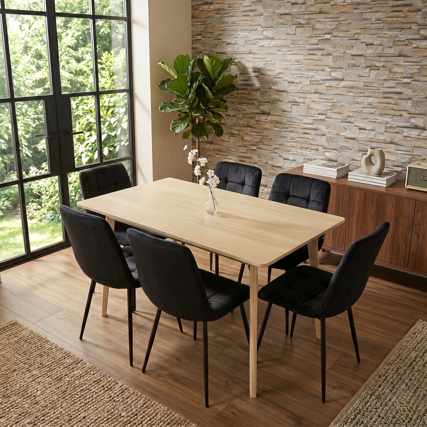 DOUBS Dining Table Set with 6 Black Velvet Chairs, Oak Effect Table with Matching Black Velvet Seating