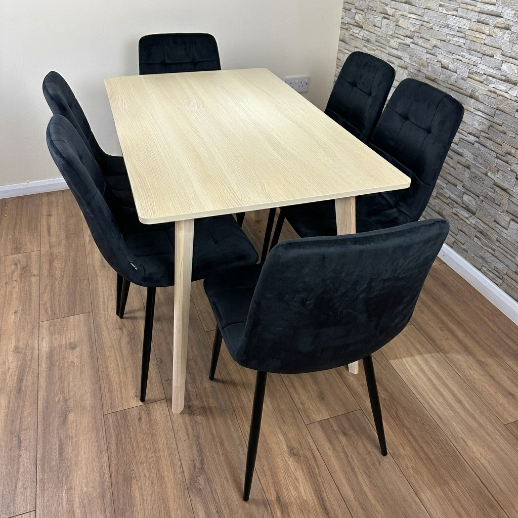 DOUBS Dining Table Set with 6 Black Velvet Chairs, Oak Effect Table with Matching Black Velvet Seating