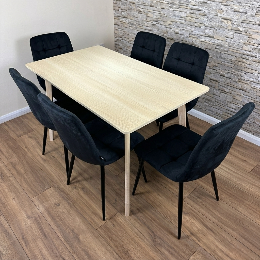 DOUBS Dining Table Set with 6 Black Velvet Chairs, Oak Effect Table with Matching Black Velvet Seating