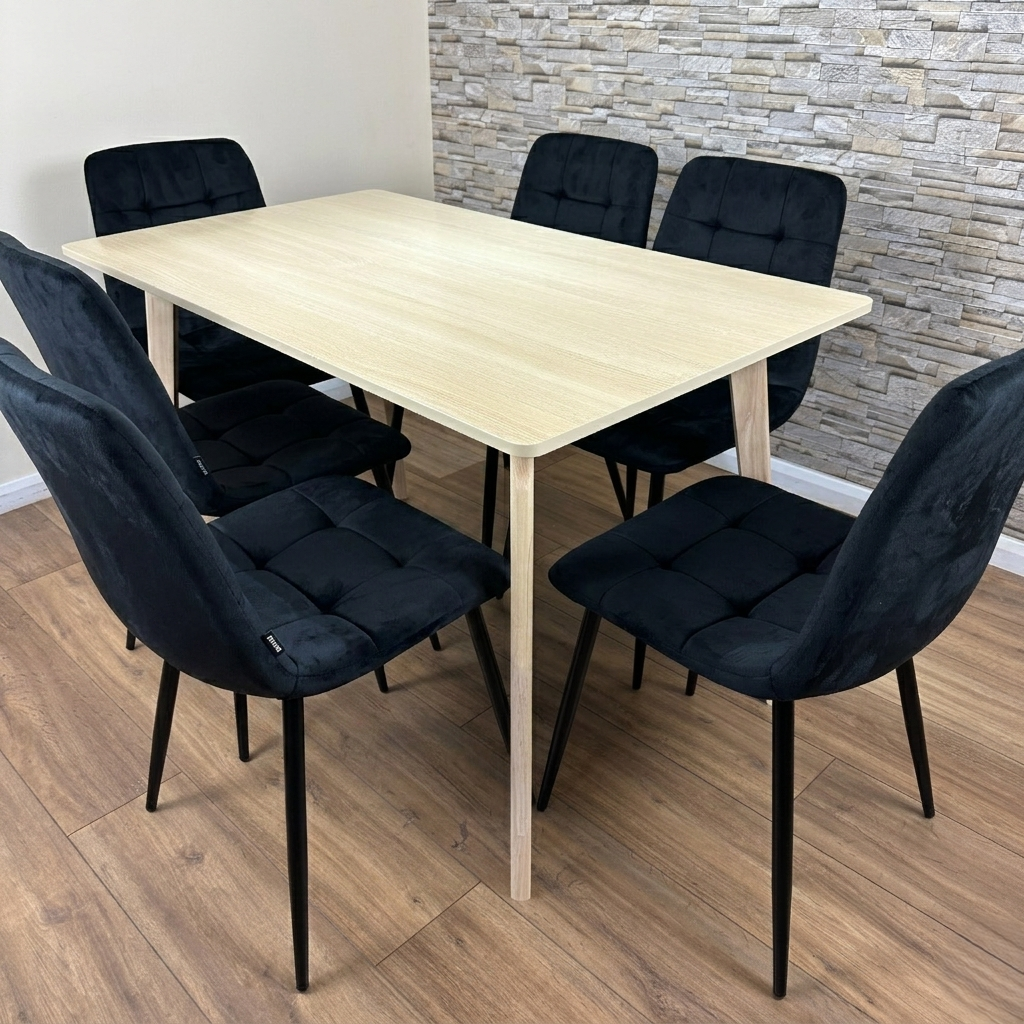 DOUBS Dining Table Set with 6 Black Velvet Chairs, Oak Effect Table with Matching Black Velvet Seating