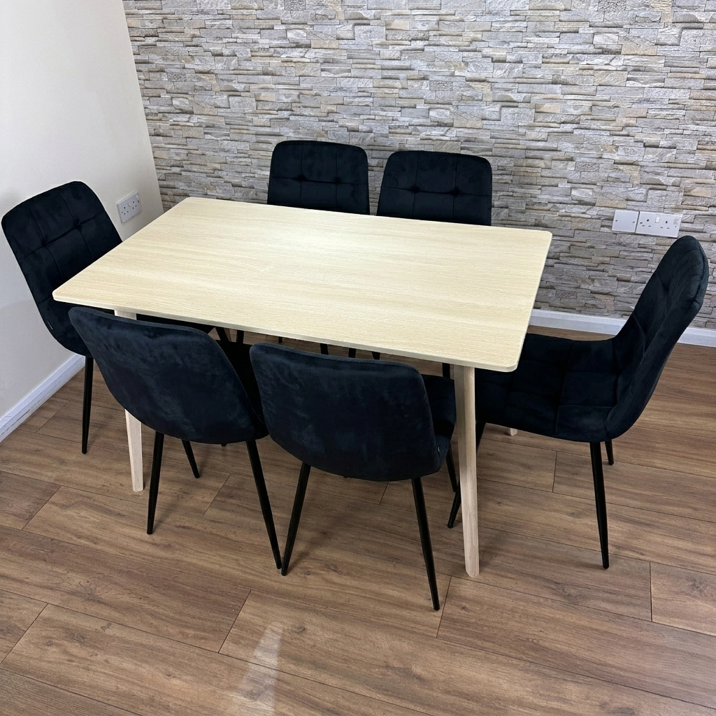 DOUBS Dining Table Set with 6 Black Velvet Chairs, Oak Effect Table with Matching Black Velvet Seating
