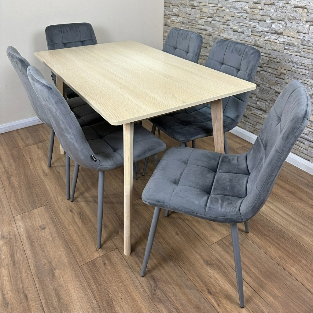DOUBS Dining Table Set with 6 Grey Velvet Chairs, Oak Effect Table with Matching Grey Velvet Seating