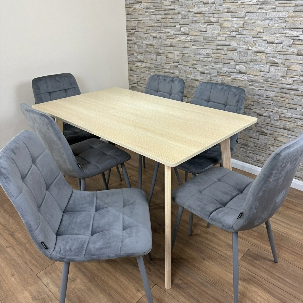 DOUBS Dining Table Set with 6 Grey Velvet Chairs, Oak Effect Table with Matching Grey Velvet Seating
