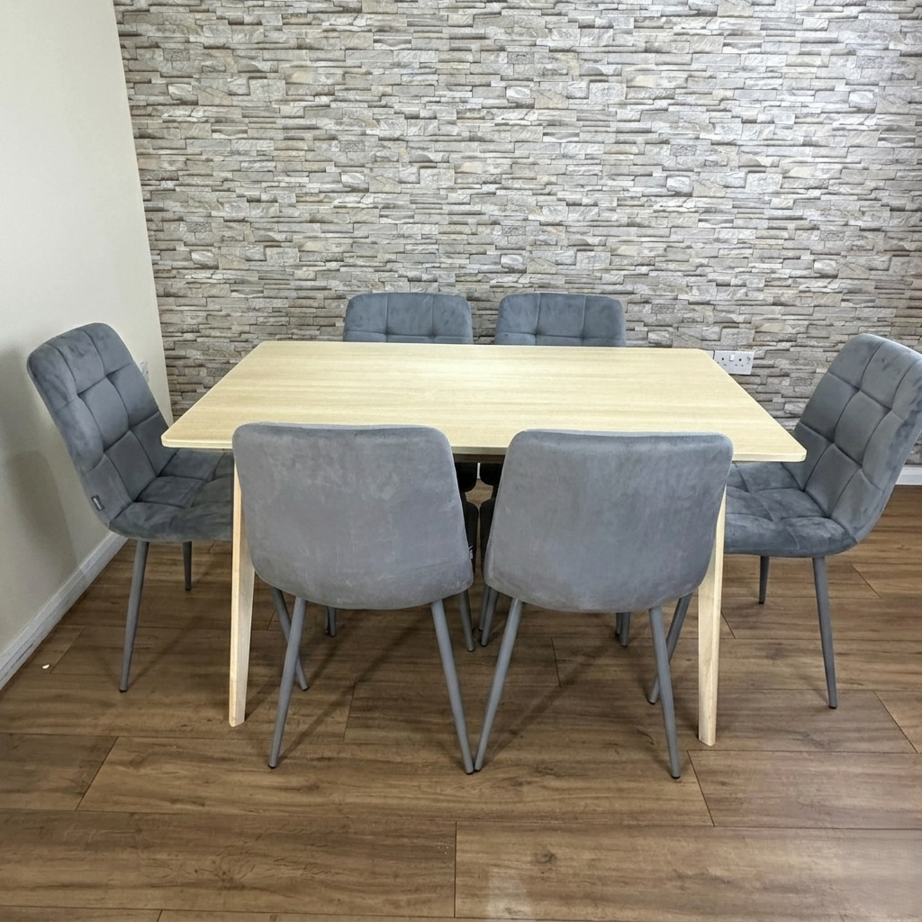 DOUBS Dining Table Set with 6 Grey Velvet Chairs, Oak Effect Table with Matching Grey Velvet Seating
