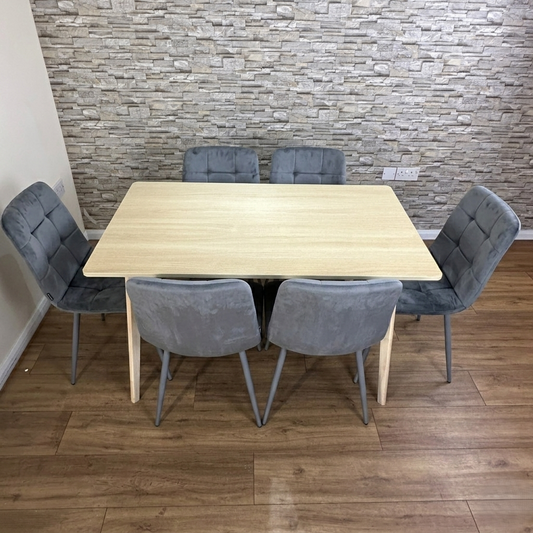 DOUBS Dining Table Set with 6 Grey Velvet Chairs, Oak Effect Table with Matching Grey Velvet Seating