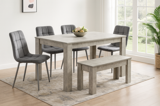 Doubs Grey Wooden Dining Table Set with 4 Tufted Velvet Grey Chairs & Bench – , Melamine Finish, Modern Curved Back Design