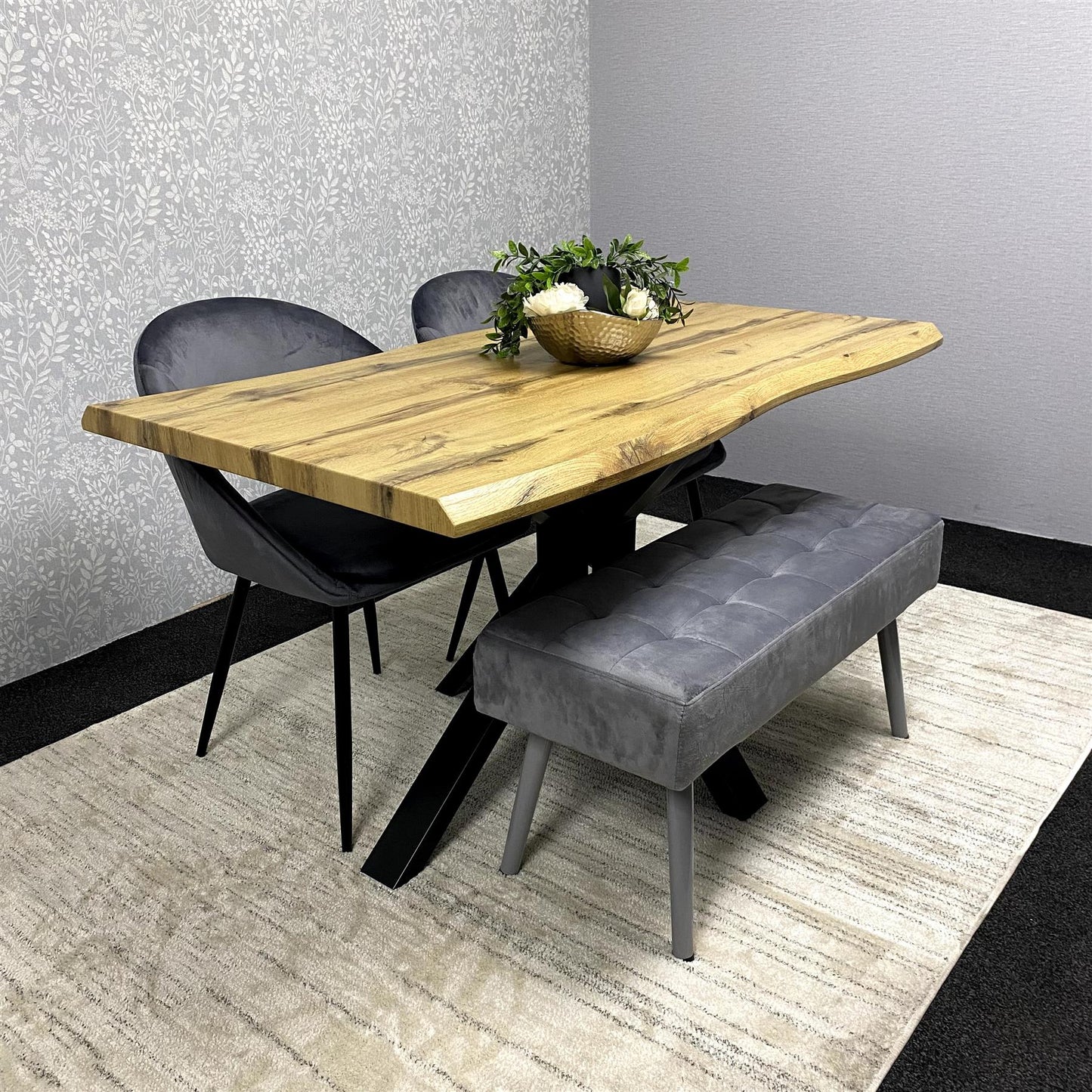 DOUBS Wooden Brown Dining Table with grey velvet Bench and 2 Grey Velvet Chairs, Stylish Dining Room Furniture