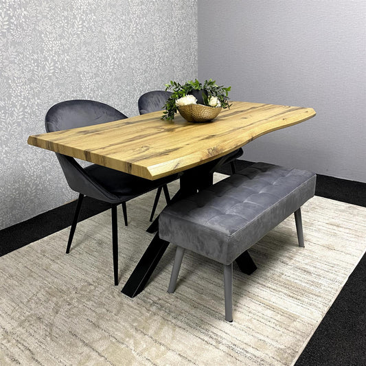 DOUBS Wooden Brown Dining Table with grey velvet Bench and 2 Grey Velvet Chairs, Stylish Dining Room Furniture
