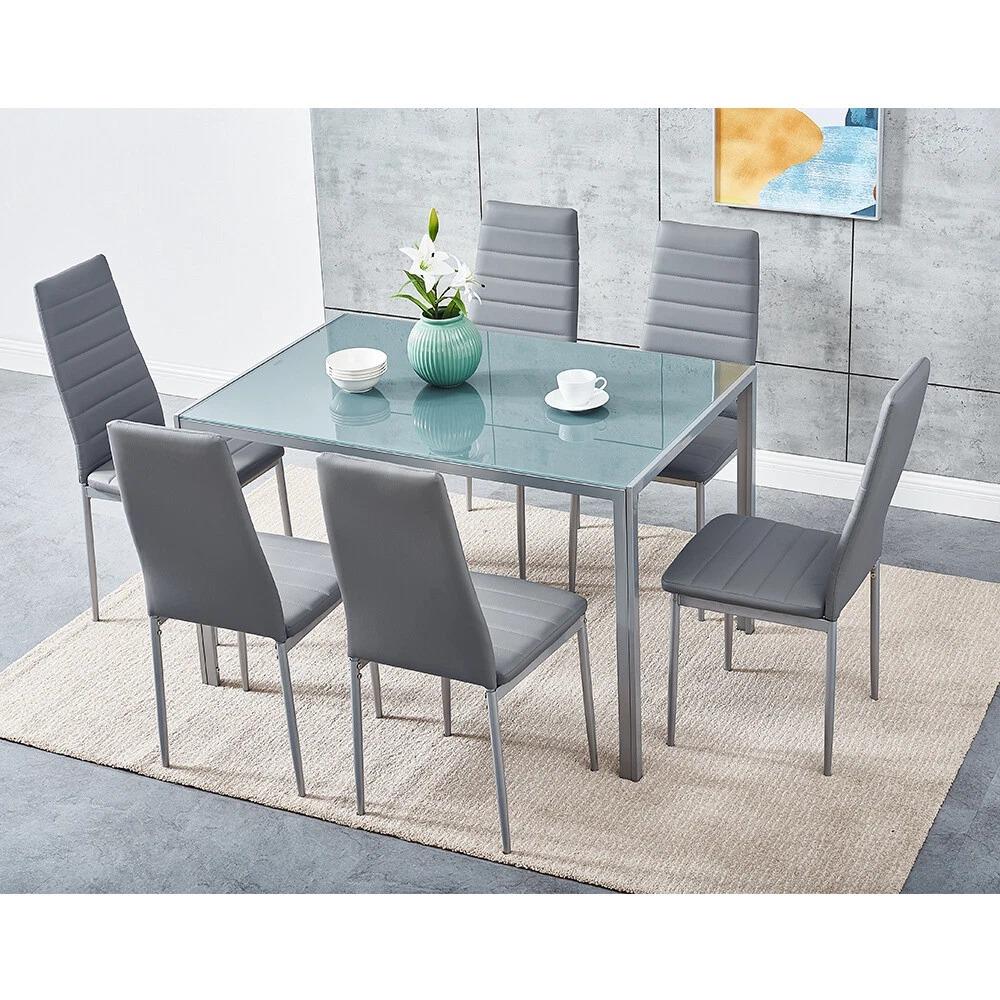 Grey Glass Dining Table Set With 6 Grey Faux Leather Chairs Dining Room Furniture