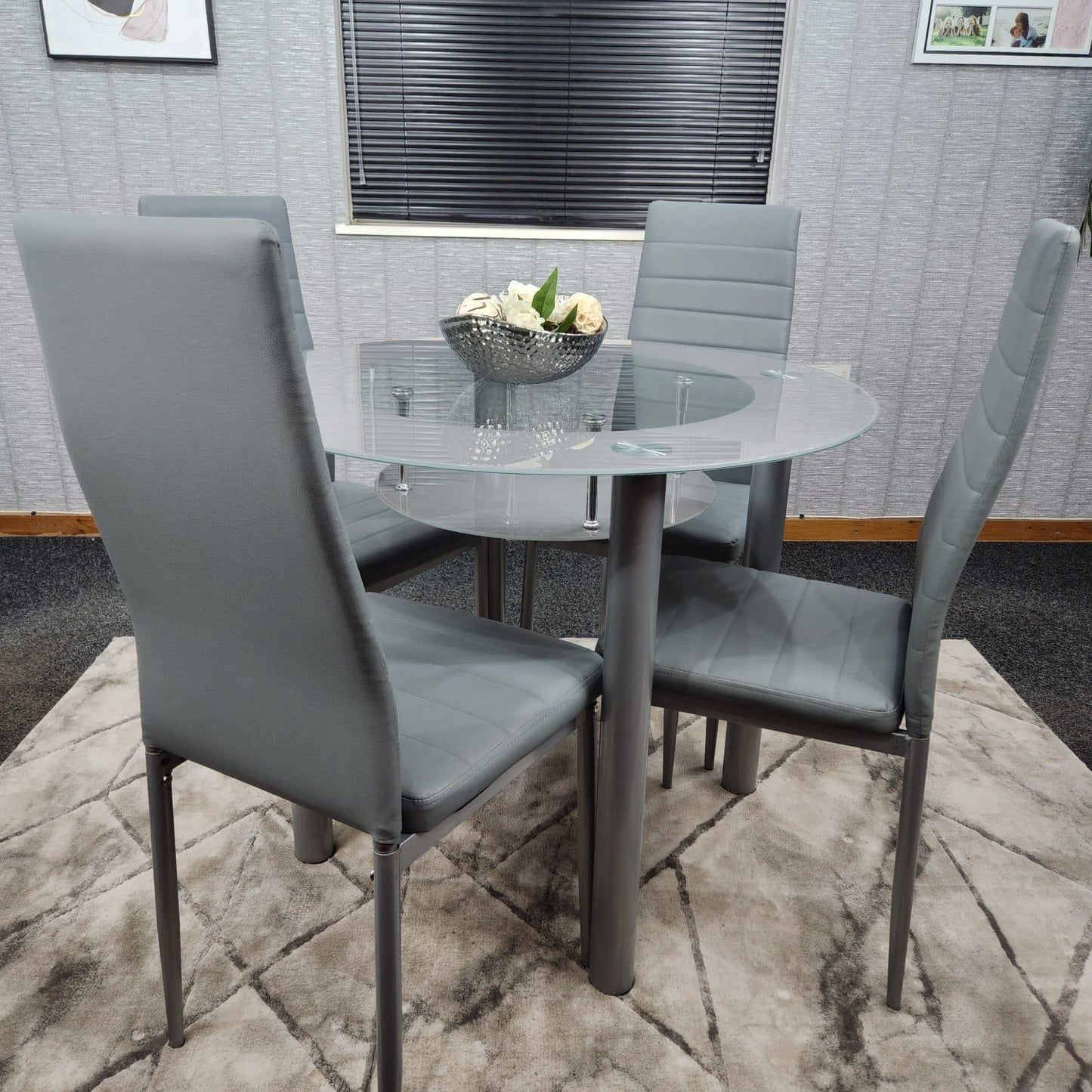 Dining Table and 4 Chairs Round Glass Grey  4 Grey  Leather Chairs Dining Room Furniture