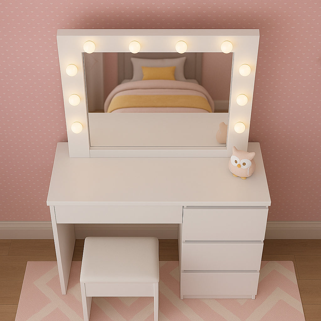 DOUBS Dressing Table Vanity Makeup Desk With LED Mirror And Stool 4 Drawers