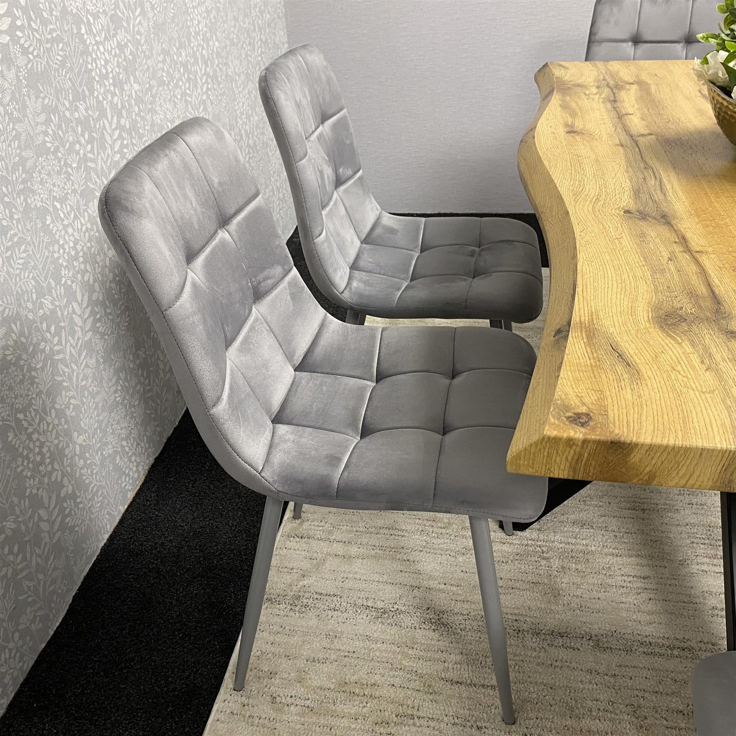 DOUBS Wooden Brown Dining Table with Bench and 4 Grey Velvet Chairs, Stylish Dining Room Furniture