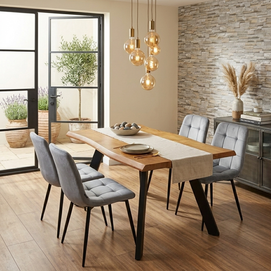 Doubs Dining Set with 4 Chairs 120cm Natural Wood Dining Table Set with 4 Grey Velvet Chairs