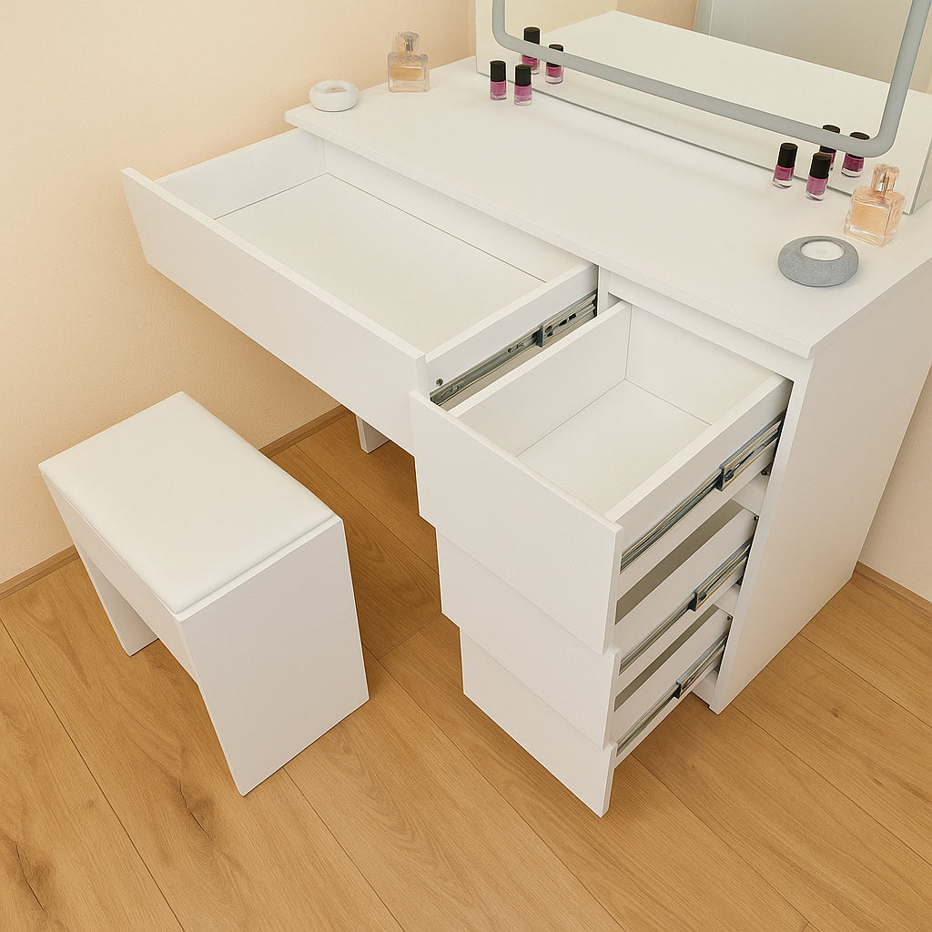 DOUBS Modern Dressing Table with LED Lights Mirror Vanity Makeup Desk Stool Set