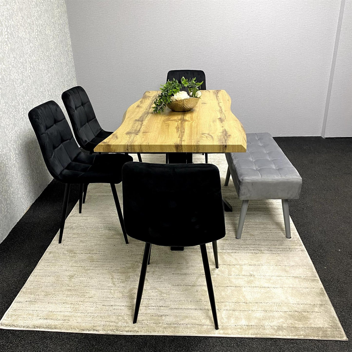 DOUBS Wood Dining Set with Velvet Chairs & Grey Velvet Bench