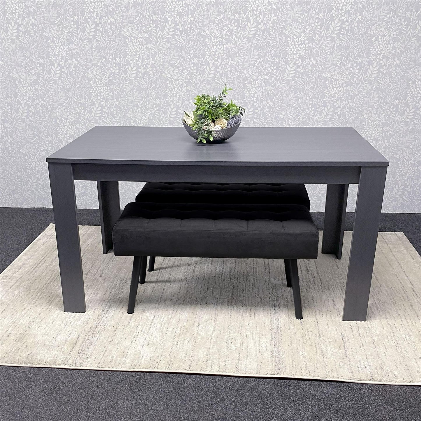 Wooden Dark Grey Arrow Design Dining Set with Velvet Chairs & Benches