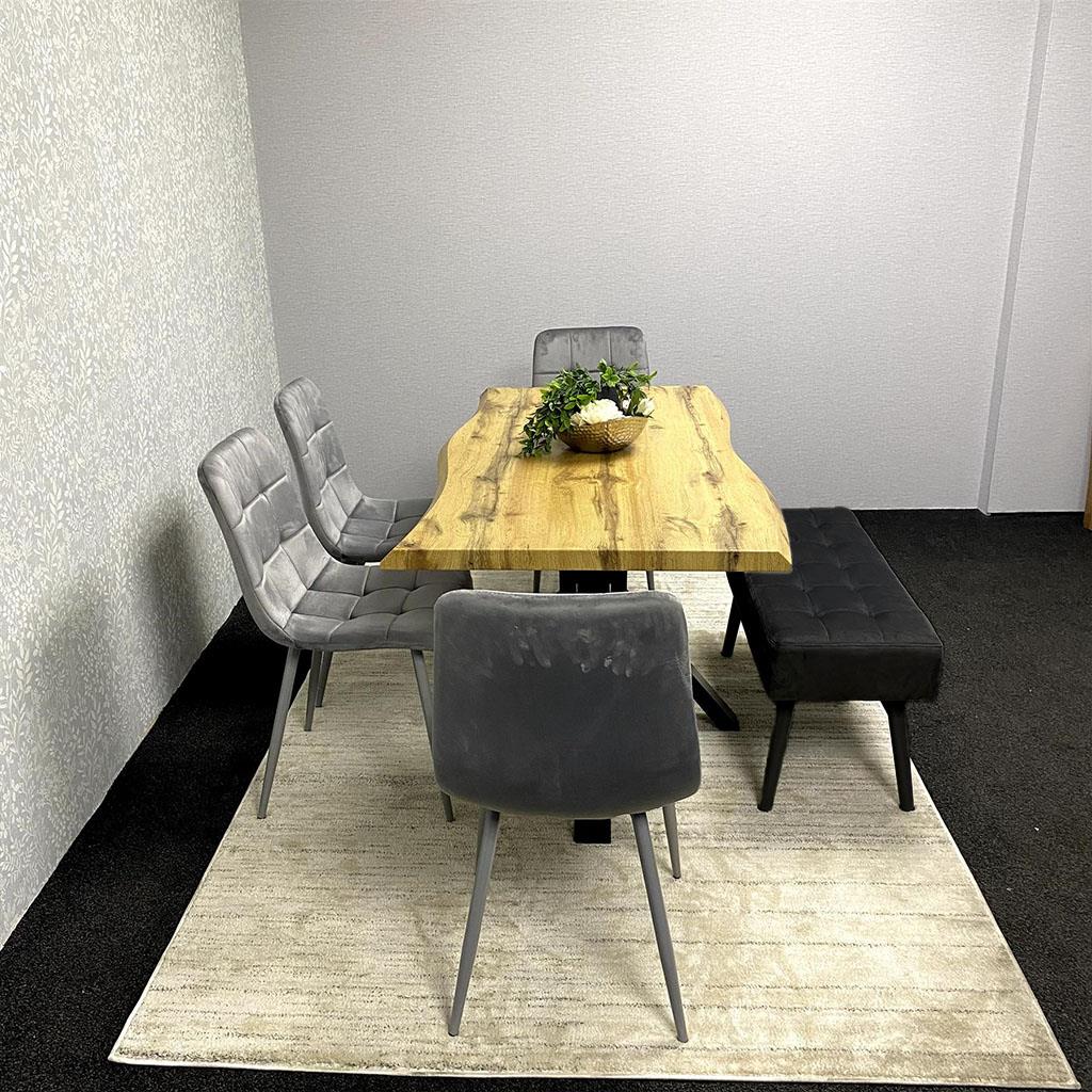 DOUBS Wooden Brown Dining Table with 2 Grey Velvet Chairs and Black Padded Bench, Dining Room Furniture